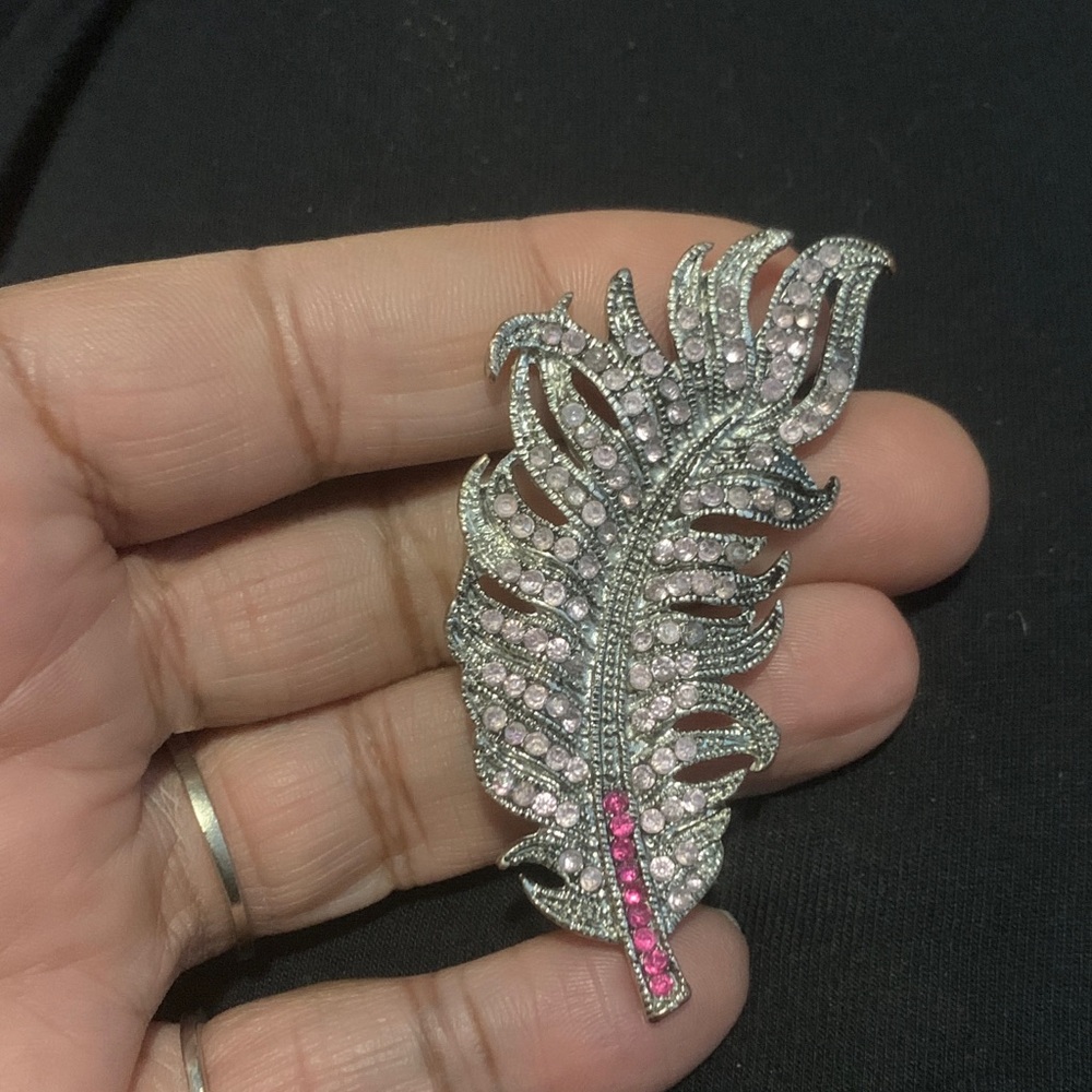 Elegant Silver and Pink Feather Brooch